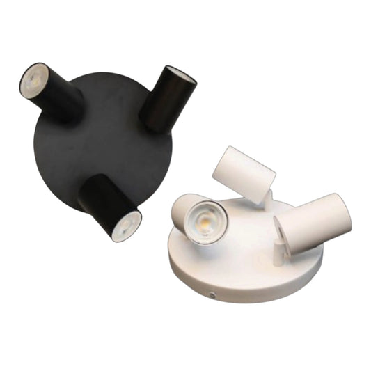 Two modern track lighting fixtures shown on a plain white background: one in matte black and one in matte white. Each fixture has a round base with three adjustable cylindrical heads.