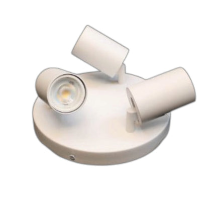 A white three-light track spotlight fixture with cylindrical heads and a circular base, shown on a plain white background.