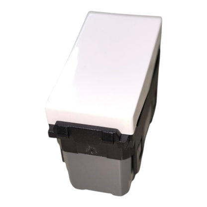 A rectangular light switch with a glossy white top plate, a black middle section, and a gray bottom base, shown on a plain white background.