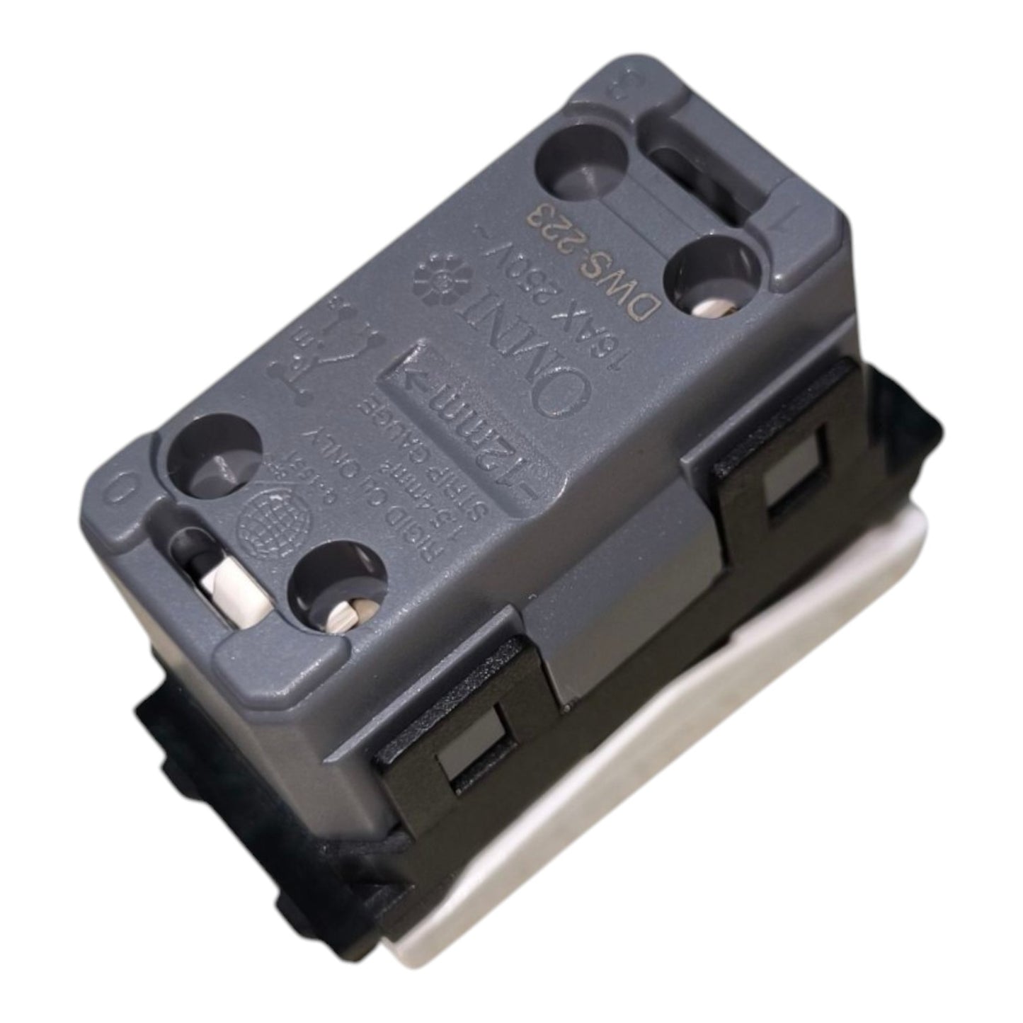 A dark gray plastic electrical switch component with black side panels and a white mounting base, photographed on a plain white background.