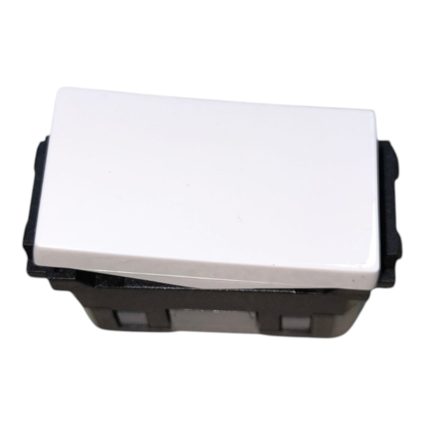 A rectangular light switch with a white top cover and a black plastic base, shown on a plain white background.