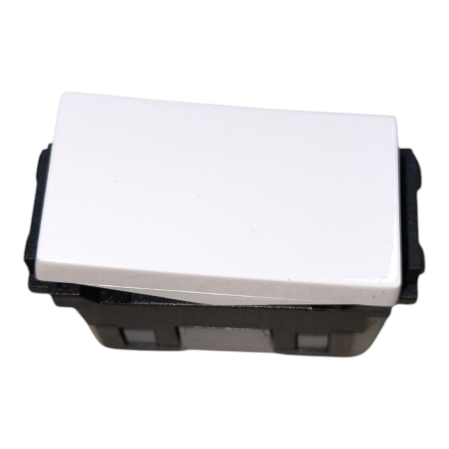 A rectangular light switch with a white top cover and a black plastic base, shown on a plain white background.