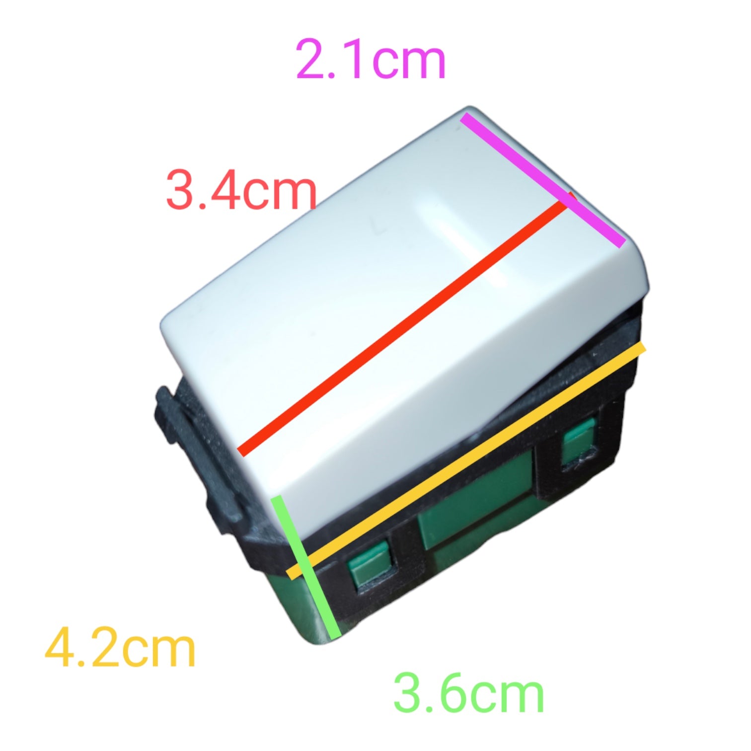 A small rectangular electronic component shown on a white background with colored measurement lines and labels indicating dimensions 2.1cm, 3.