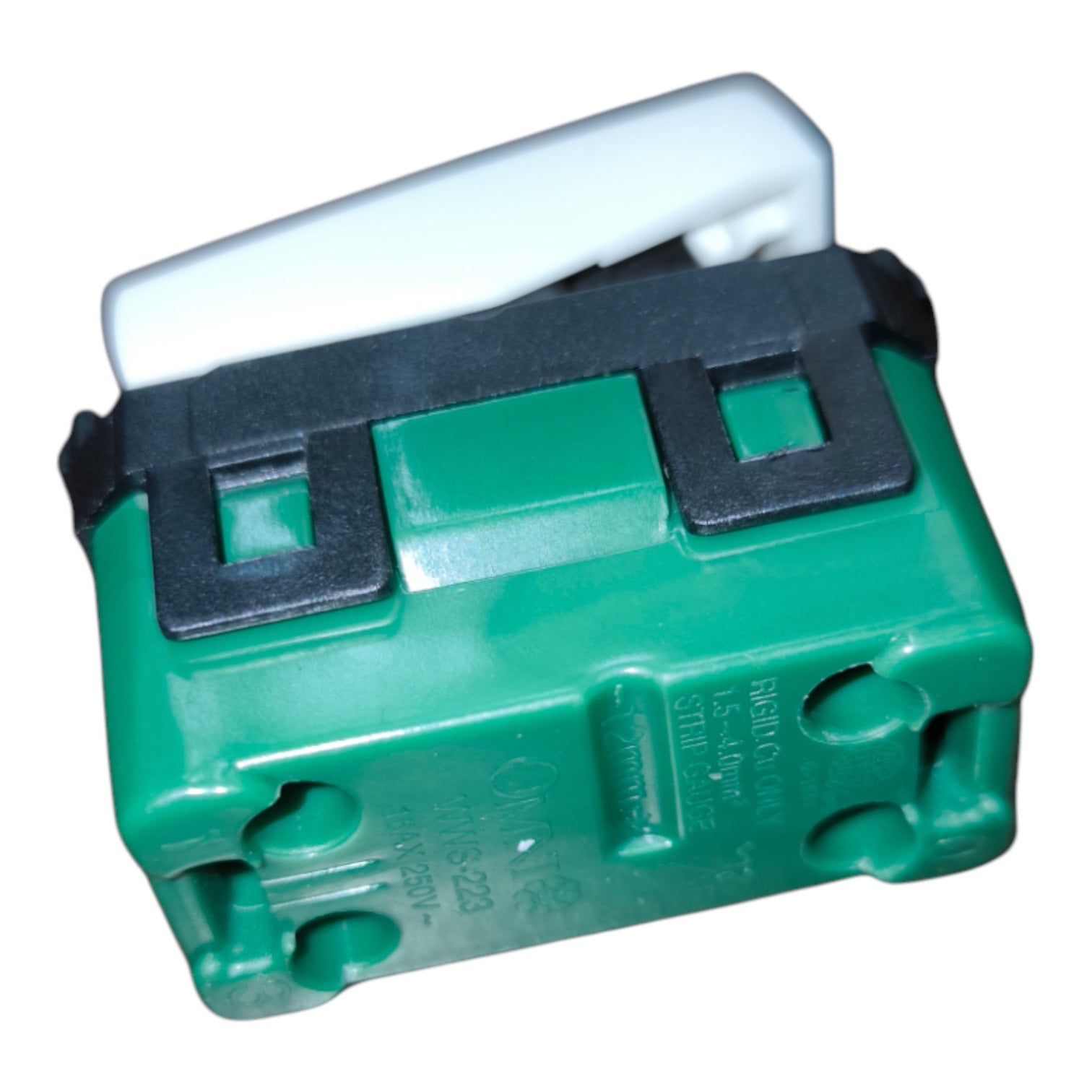 A green plastic electrical outlet or socket component with black mounting brackets and a white top cover, shown on a plain white background.