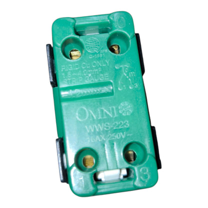 A green Omni WWS-223 16AX 250V marine electrical connector with gold-plated screw terminals and black side clips, shown on a white background.