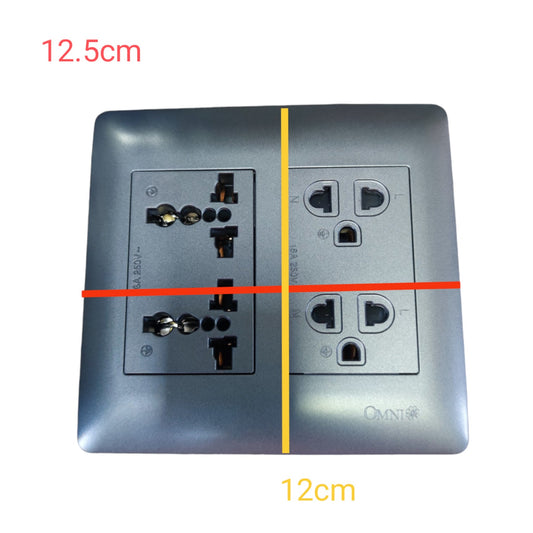 A square metallic wall outlet cover plate shown on a white background with red and yellow measurement overlays indicating dimensions 12.5cm, 12cm, and a vertical divider line.