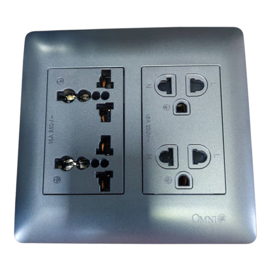 A square metallic wall outlet panel with two sets of electrical outlets, photographed on a plain white background. The brand name OMNI is visible near the bottom right.