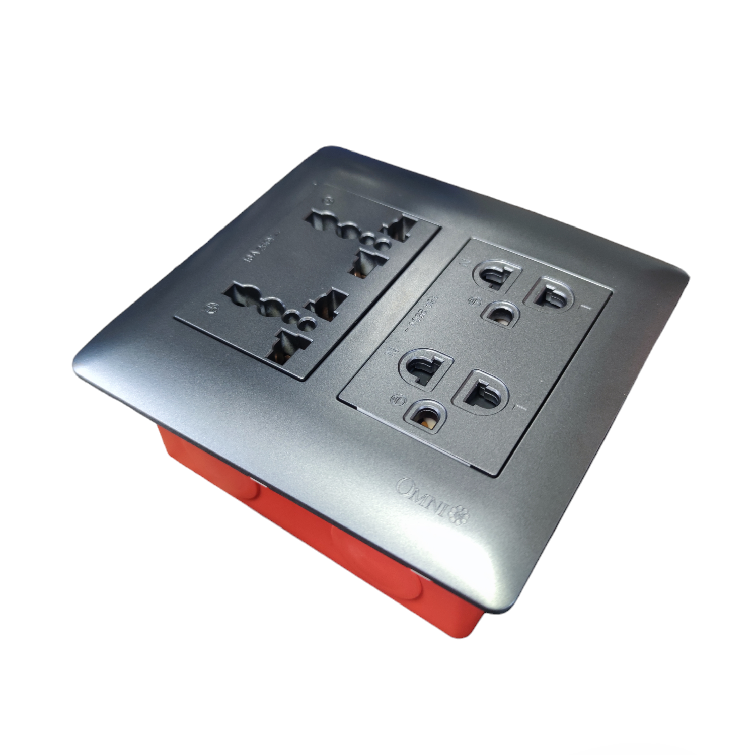 Omni 4 Gang Duplex Universal Outlet with multiple socket types and silver faceplate