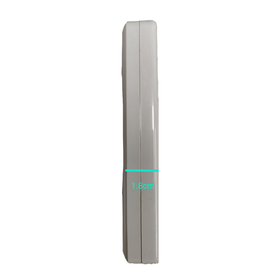 A slim, rectangular light gray plastic component shown from the side on a plain white background, with a cyan measurement line and text indicating 1.8cm width.