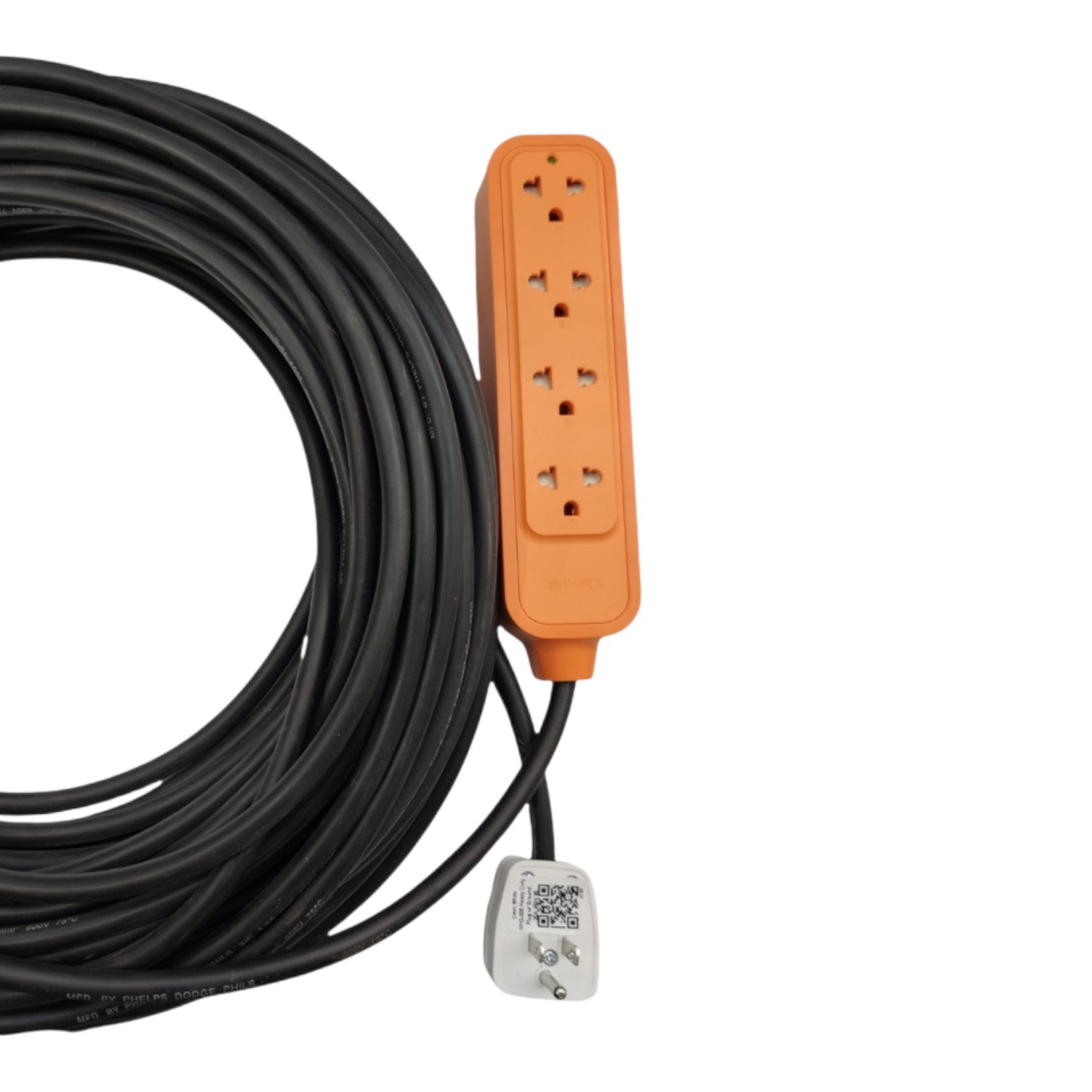 A coiled black extension cable with an orange multi-outlet power strip and a white grounding plug, shown on a plain white background.