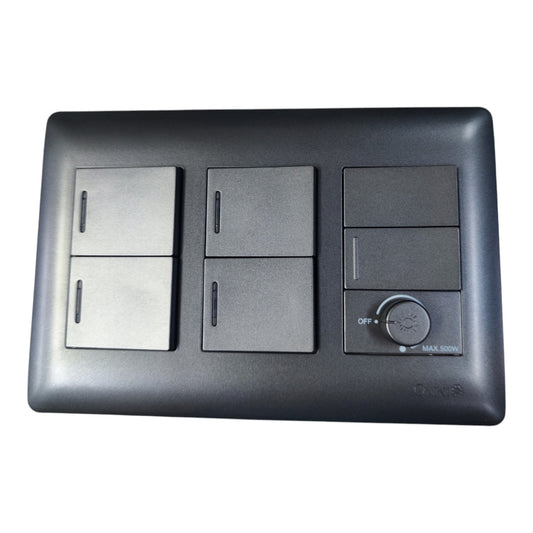 A modern black multi-switch wall plate featuring two four-light switches on the left and a control panel with a rotary dial on the right, shown against a plain white background.