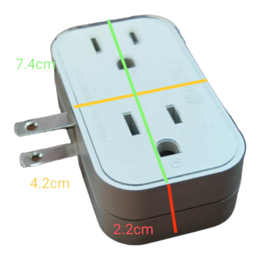 A two-prong electrical outlet adapter shown on a white background with colored measurement lines and labels indicating dimensions: 7.4 cm, 4.
