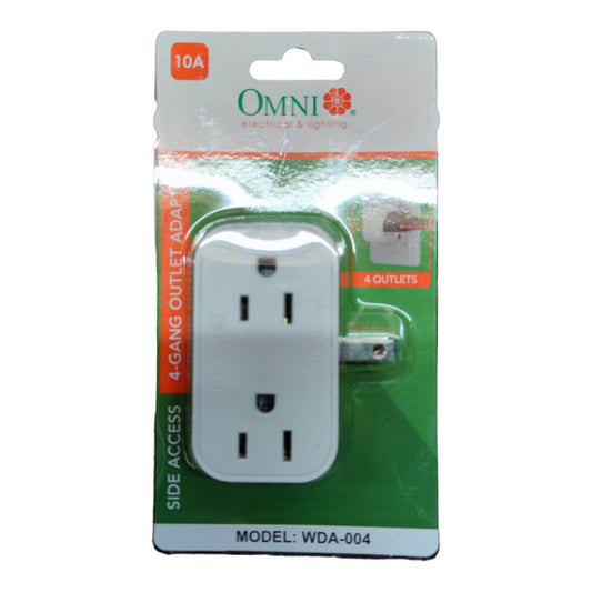 An Omni 10A 4-gang outlet adapter in its original retail blister packaging, featuring a white plastic outlet with a silver metal plug on a green and white backing card.