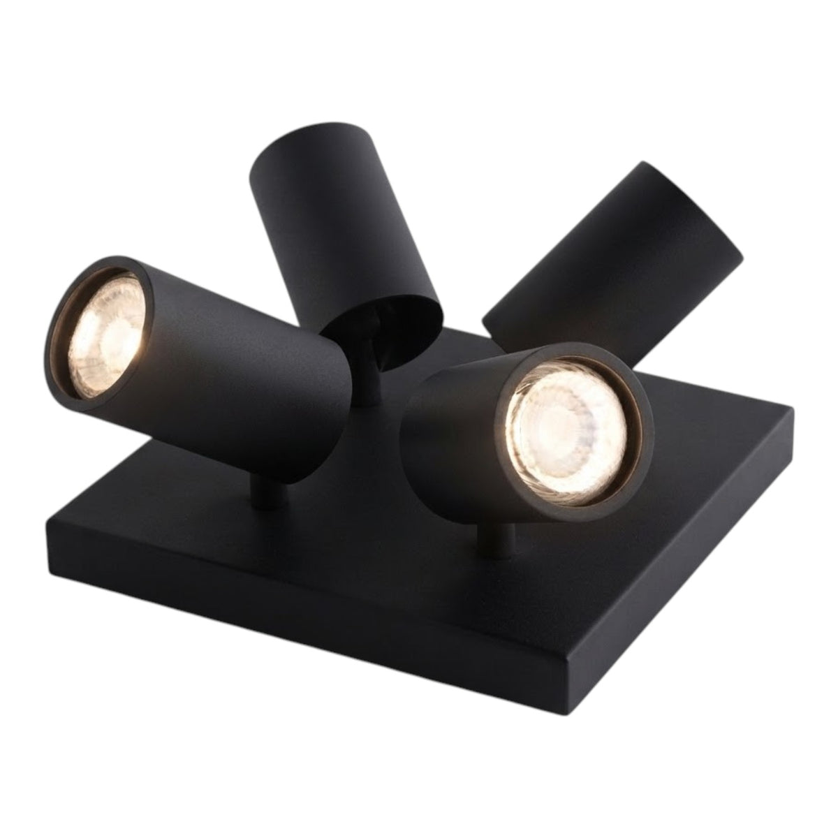 A modern black multi-light track spotlight fixture with four adjustable cylindrical heads mounted on a square base, shown against a plain white background.