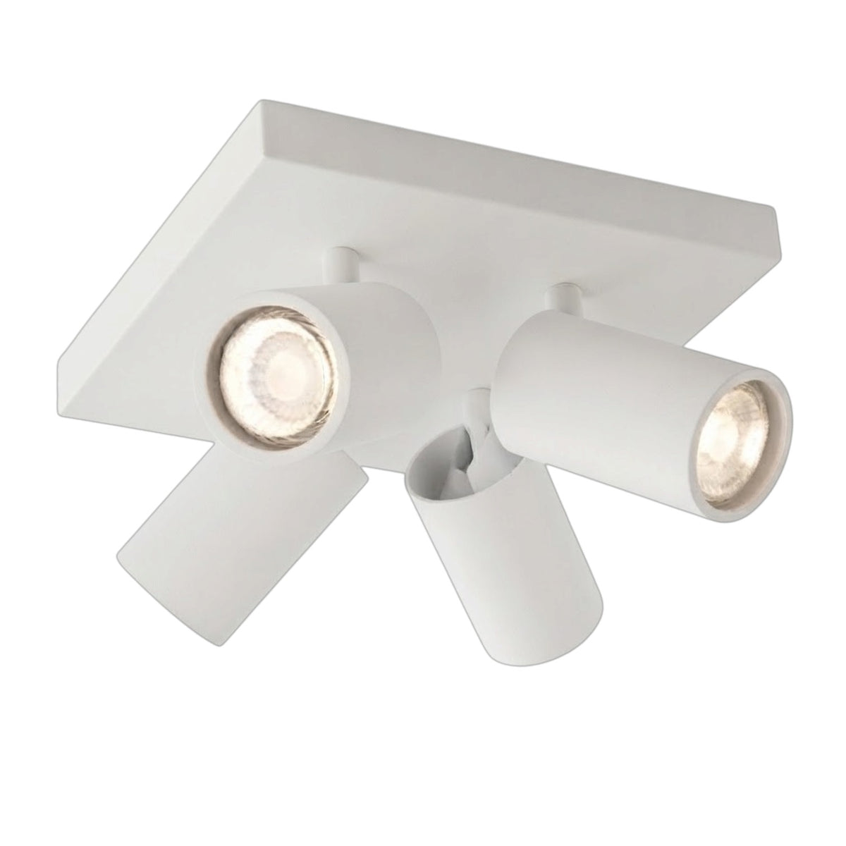 A modern white ceiling track light fixture with two adjustable cylindrical spotlight heads and a rectangular mounting plate, shown against a plain white background.
