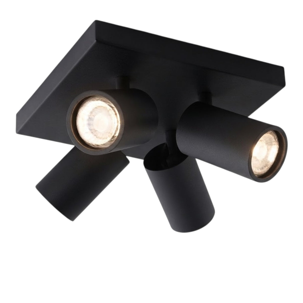 A modern black three-light track ceiling fixture with adjustable cylindrical shades and illuminated bulbs, shown against a plain white background.