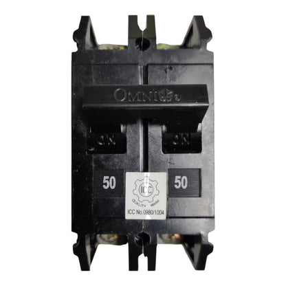 A black Omnitel 20A electrical circuit breaker with a white ICC Quality Mark sticker on the front, isolated on a white background.