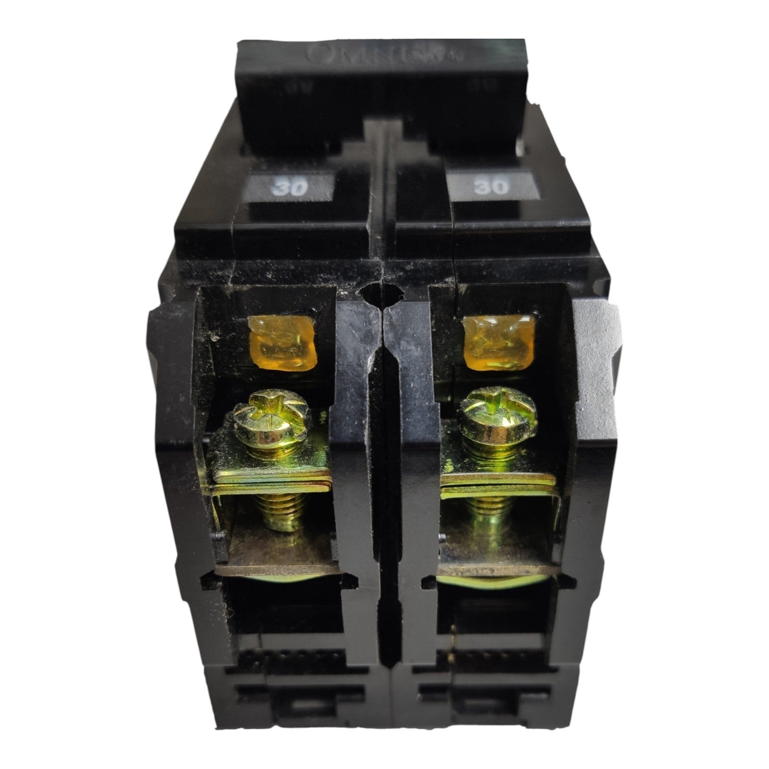 A black double-pole electrical breaker with gold-colored metal screw terminals and small white '30' markings on the top, shown against a plain white background.