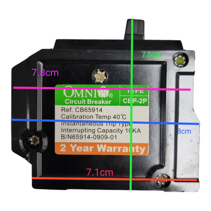 Black Omni Circuit Breaker with overlaid dimension lines and measurements in centimeters on a white background.
