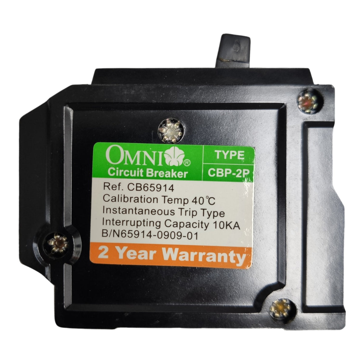 An Omni Circuit Breaker CBP-2P unit in black plastic, featuring a green, white, and orange label with product specifications and a 2-year warranty.