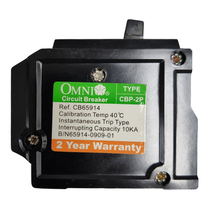 An Omni Circuit Breaker CBP-2P unit in black plastic, featuring a green, white, and orange label with product specifications and a 2-year warranty.
