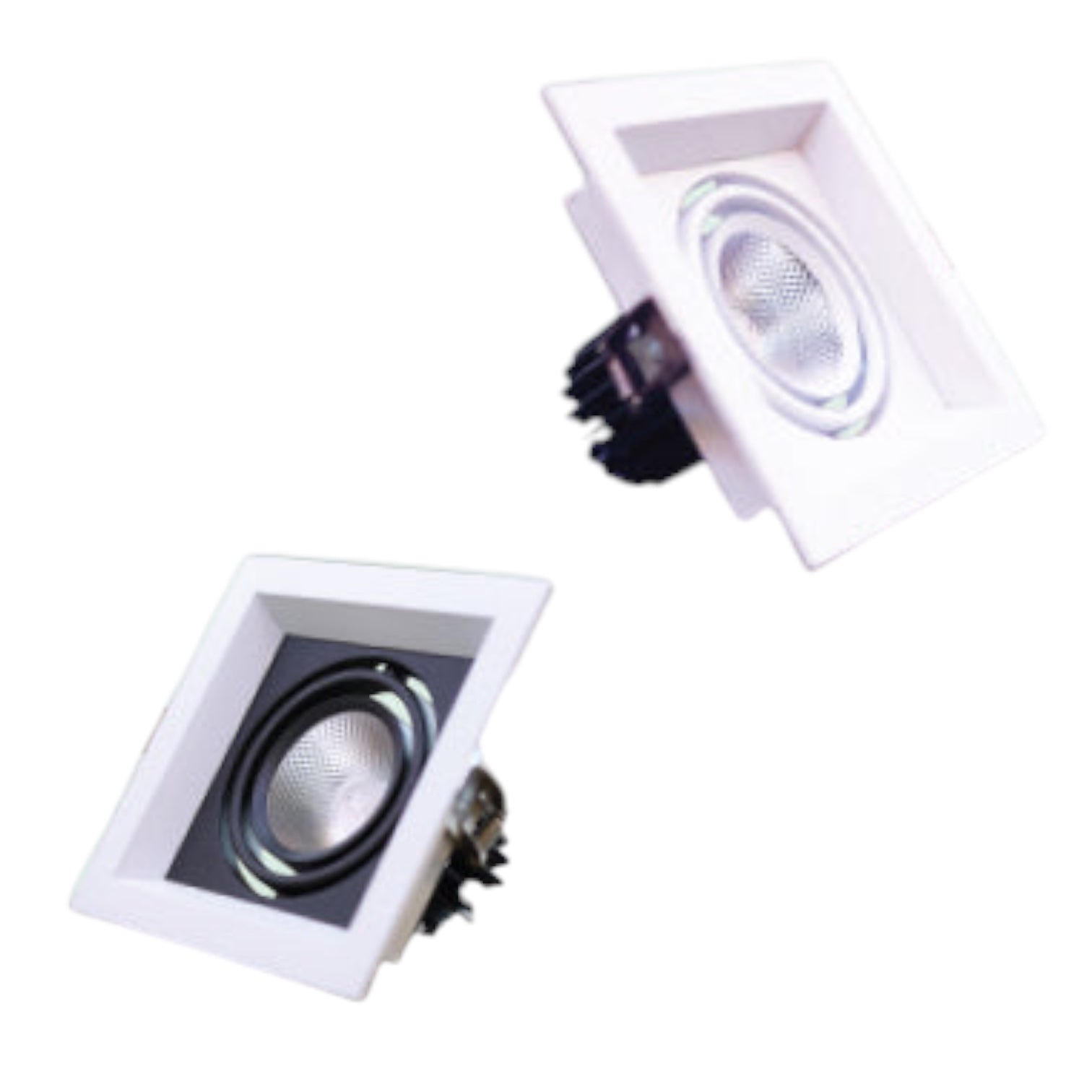 Two square recessed LED downlights shown at an angle on a plain white background, one with a white faceplate and one with a black faceplate.