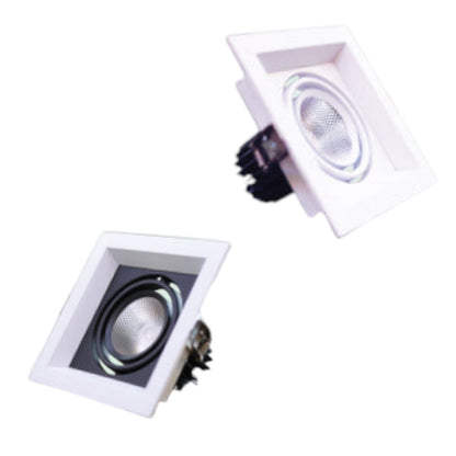 Two square recessed LED downlights shown at an angle on a plain white background, one with a white faceplate and one with a black faceplate.