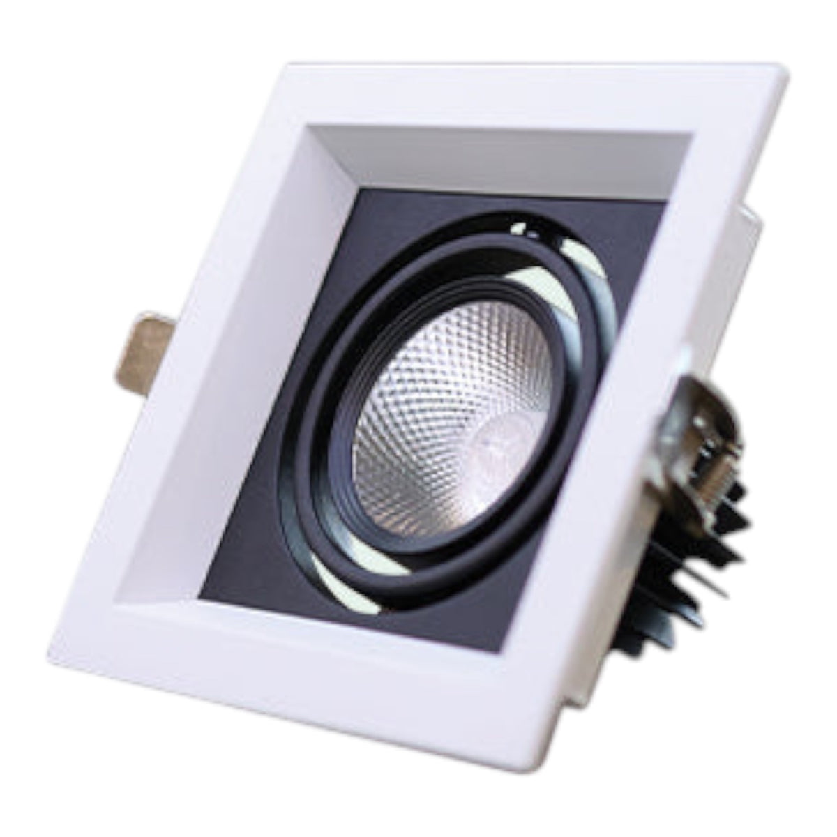 A square recessed LED downlight fixture with a white square frame, black inner trim, and a silver reflective lens, shown at an angle on a white background.