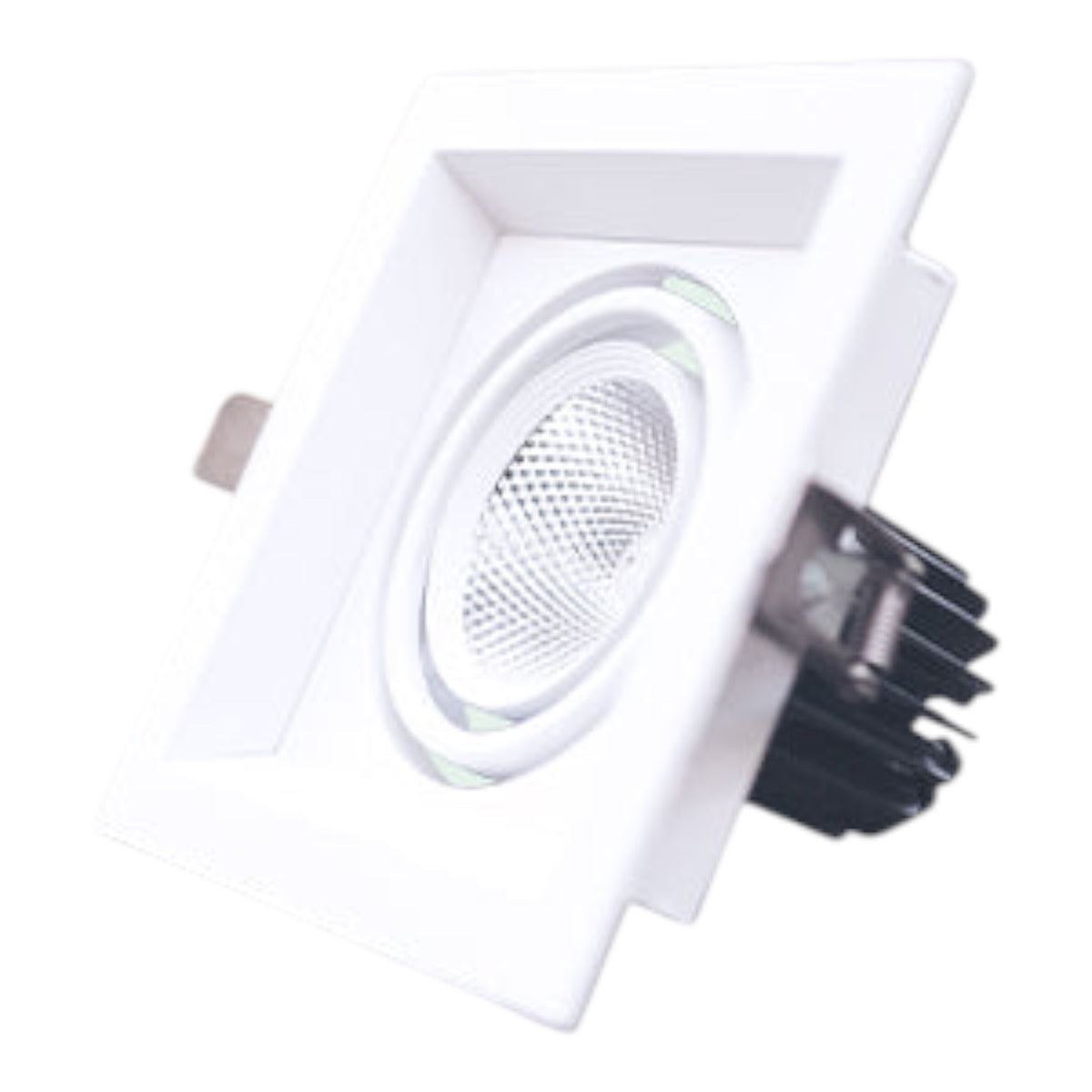A square recessed LED downlight fixture with a white square housing, circular lens, and black heat sink on a white background.