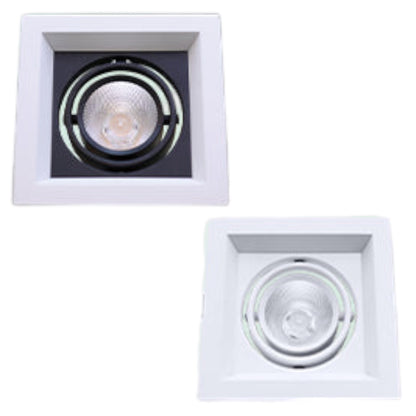 Two square recessed LED downlight fixtures shown from top-down views on a plain white background, one with a black interior trim and one with a clear interior trim.