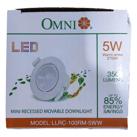 Box of Omni LED mini recessed movable downlight with specifications on a white background