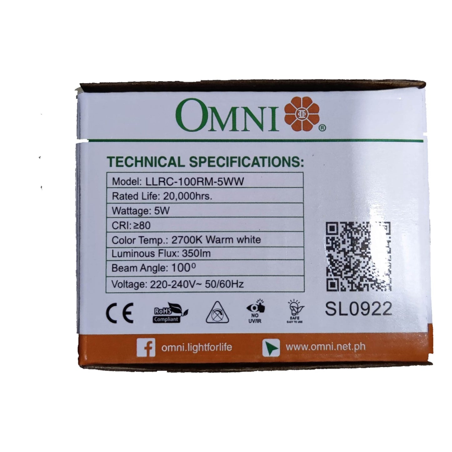 OMNI light bulb packaging with technical specifications on a white background