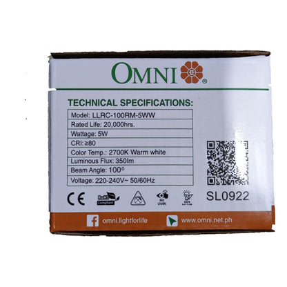 OMNI light bulb packaging with technical specifications on a white background