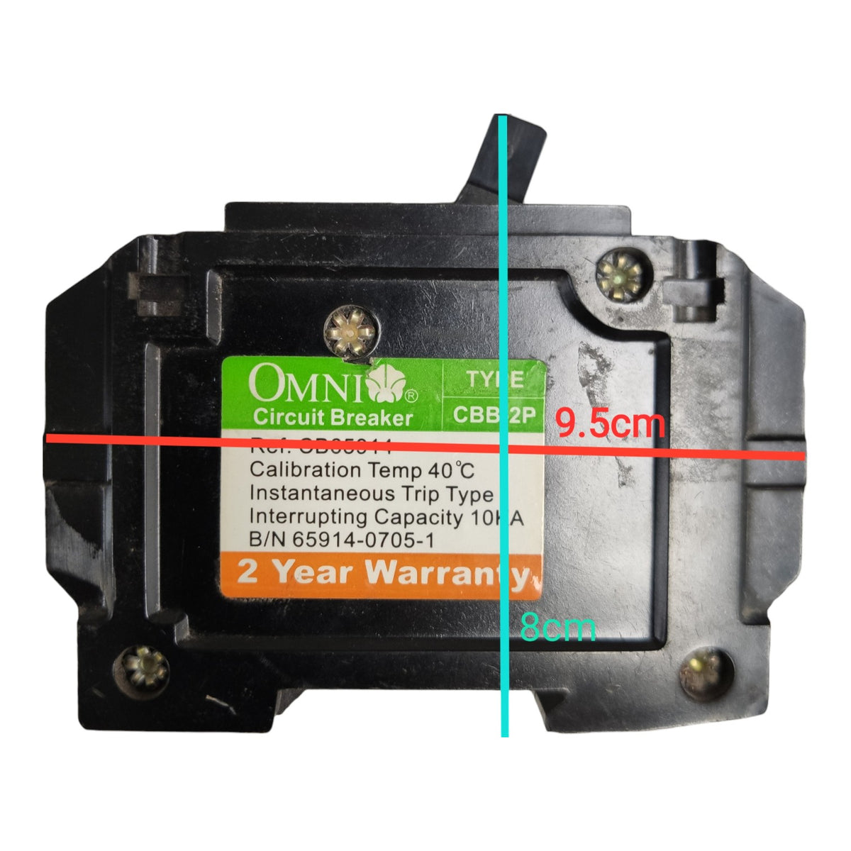 A black Omni Circuit Breaker with a measurement overlay showing its dimensions (9.5cm by 8cm) and a green label on a white background.