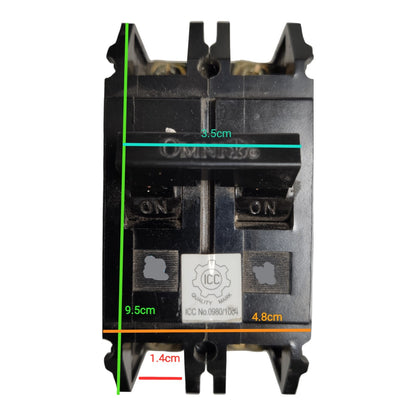 A black electrical contactor or relay component shown front-on with overlaid dimension lines and measurements in centimeters (9.5 cm, 3.