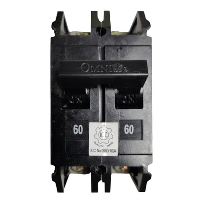 A black Omnitel 20A electrical circuit breaker with a white ICC Quality Mark sticker on the front, isolated on a white background.