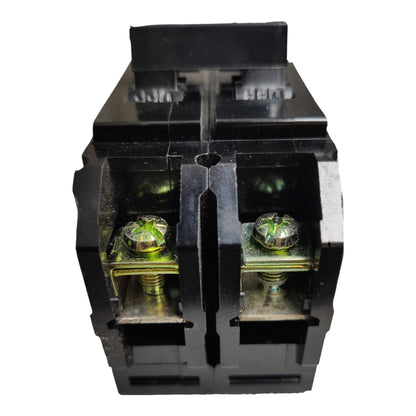 A black plastic two-terminal electrical connector with exposed brass screw terminals and green anti-static contact plating, shown on a white background.