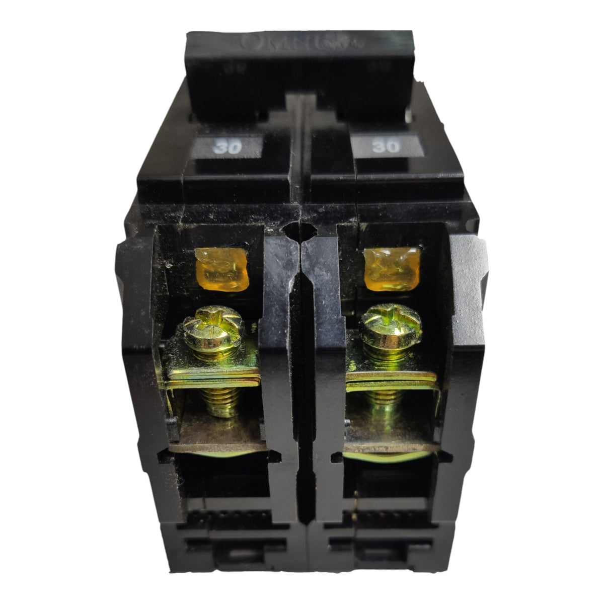 A black double-pole electrical breaker with gold-colored metal screw terminals and small white '30' markings on the top, shown against a plain white background.