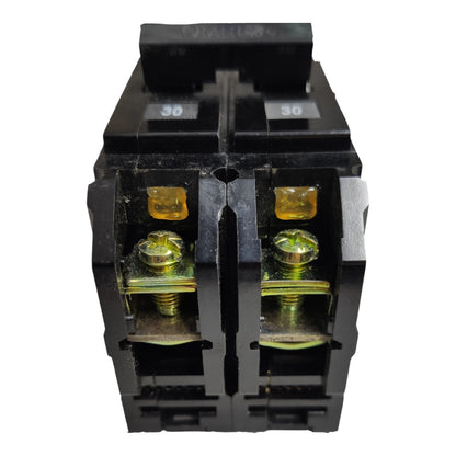 A black double-pole electrical breaker with gold-colored metal screw terminals and small white '30' markings on the top, shown against a plain white background.