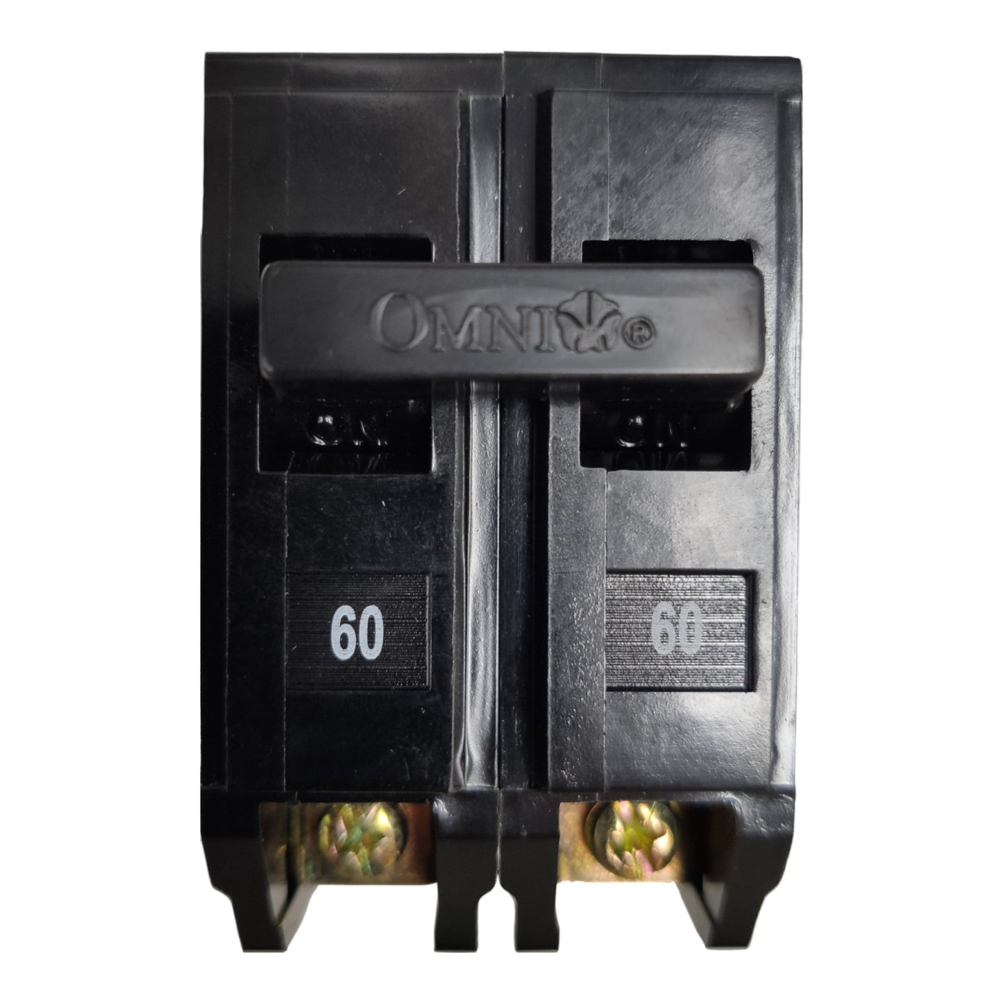 An Omni brand 60A black plastic double-pole circuit breaker shown from the front against a white background.