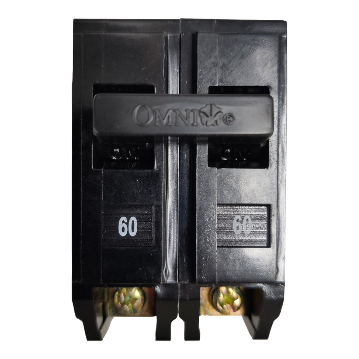 An Omni brand 60A black plastic double-pole circuit breaker shown from the front against a white background.