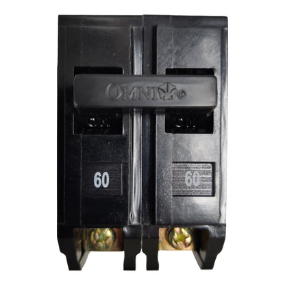 An Omni brand 60A black plastic double-pole circuit breaker shown from the front against a white background.
