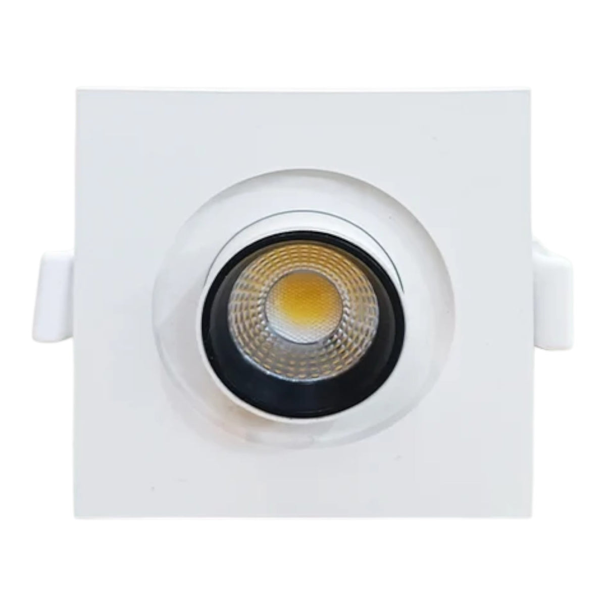 A square white recessed LED downlight fixture with a circular bezel and a visible COB LED chip in the center, isolated on a white background.