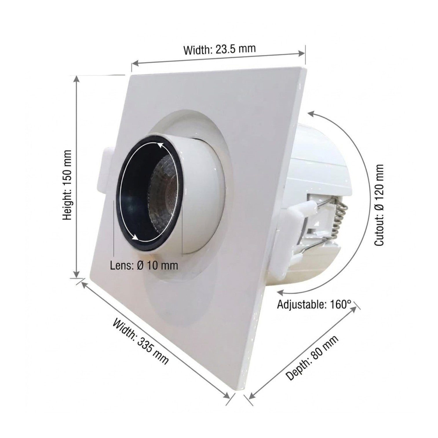 White recessed ceiling light fixture shown with dimension annotations including height 150 mm, width 335 mm, depth 80 mm, lens diameter 10 mm, cutout diameter 120 mm, and adjustable 160-degree rotation.