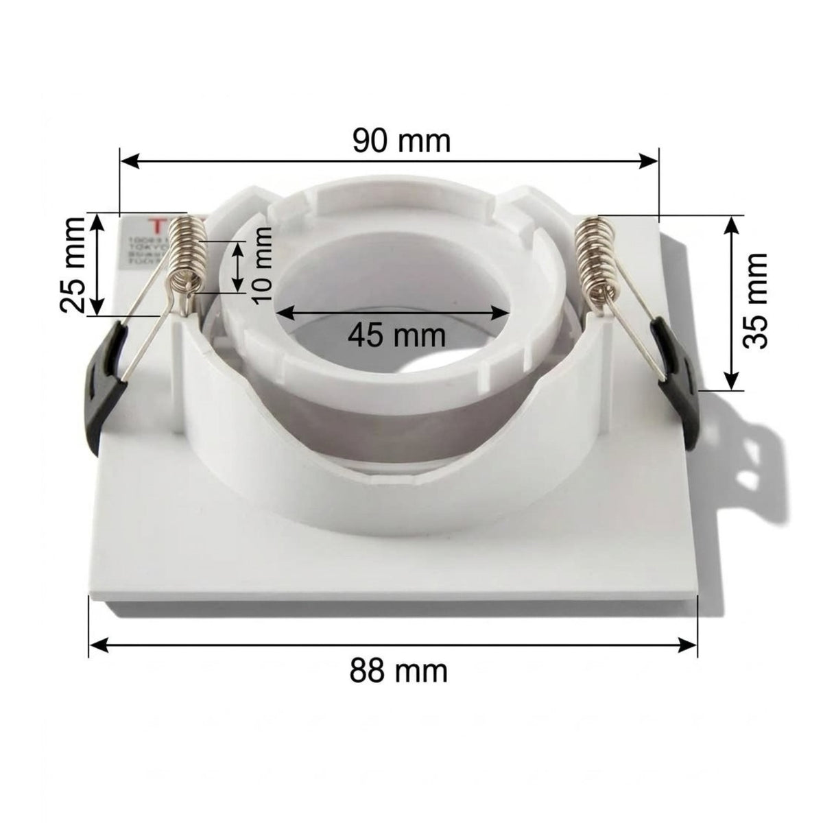A white recessed light fixture shown with overlaid dimension lines and measurements including 90 mm, 88 mm, 45 mm, 35 mm, 25 mm, and 10 mm on a light gray background.