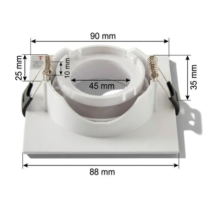 A white recessed light fixture shown with overlaid dimension lines and measurements including 90 mm, 88 mm, 45 mm, 35 mm, 25 mm, and 10 mm on a light gray background.