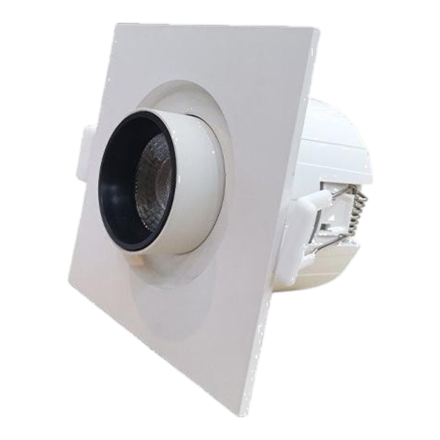 A square recessed LED downlight fixture in white, featuring a circular black lens and visible internal metal contacts on the side, set against a plain white background.