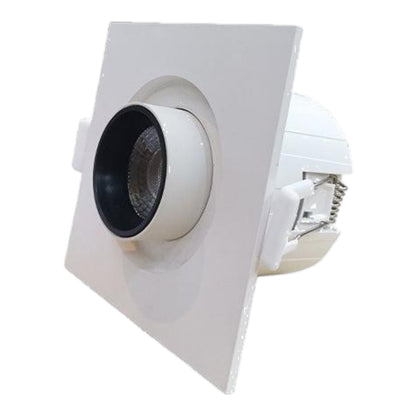 A square recessed LED downlight fixture in white, featuring a circular black lens and visible internal metal contacts on the side, set against a plain white background.