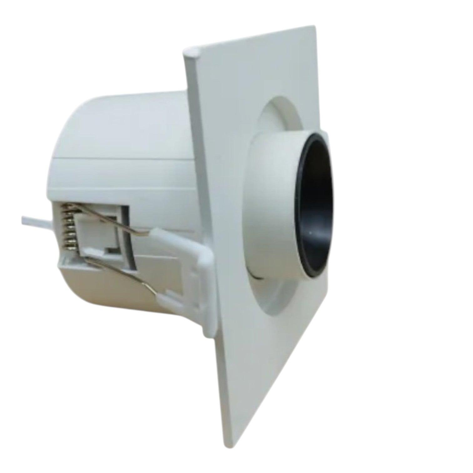 A white recessed ceiling light fixture with a square mounting plate, cylindrical socket housing, and visible internal spring mechanism, shown on a plain white background.
