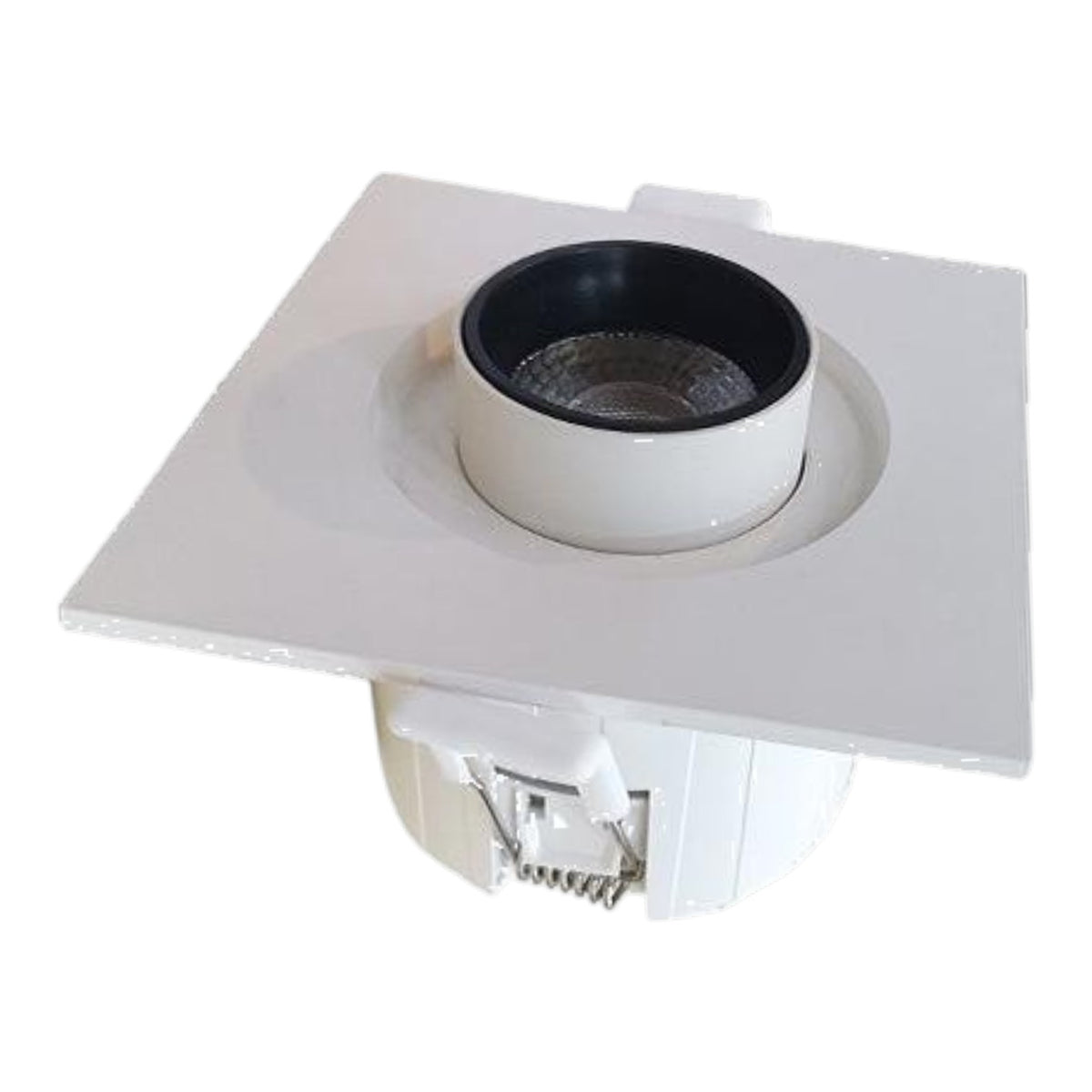 A square white recessed light fixture with a circular black inner trim and a white metal reflector, shown on a plain white background.
